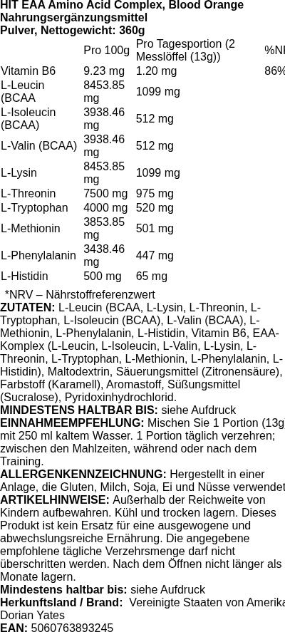 Produktetikett — HIT EAA Amino Acid Complex, Blood Orange - 360 grams