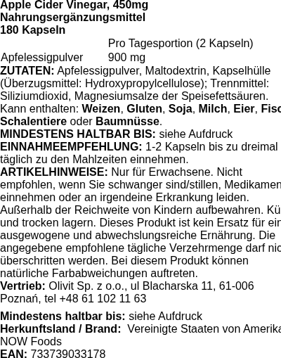 Produktetikett — Apple Cider Vinegar, 450mg - 180 vcaps