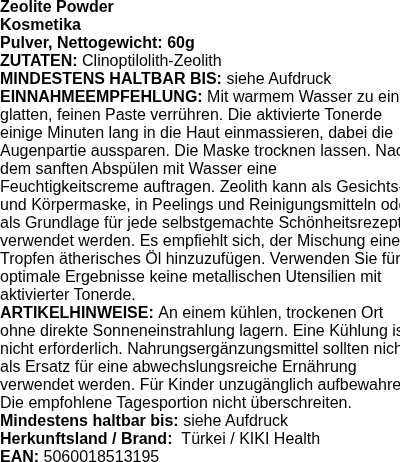 Produktetikett — Zeolite Powder - 60 grams