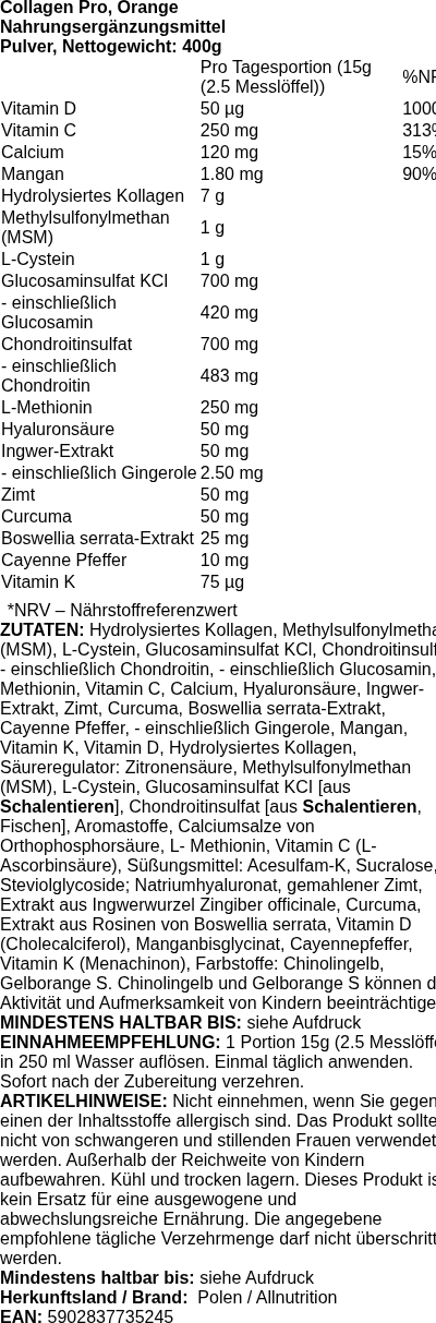 Produktetikett — Collagen Pro, Orange - 400 grams