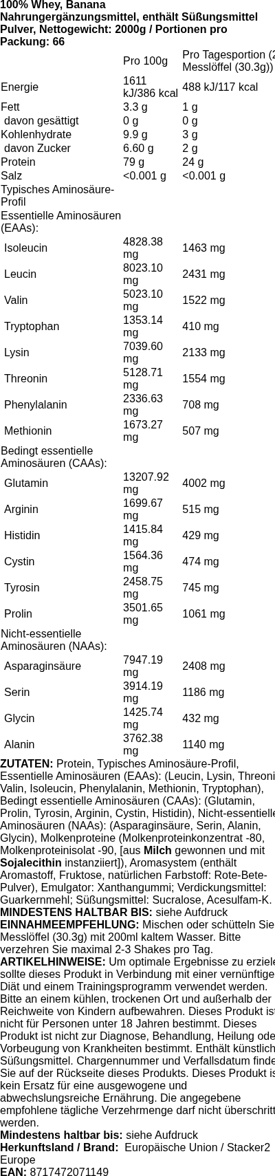 Produktetikett — 100% Whey, Banana - 2000 grams