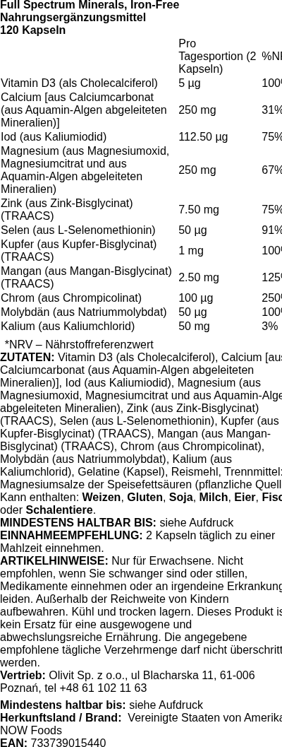 Produktetikett — Full Spectrum Minerals, Iron-Free - 120 caps