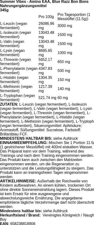 Produktetikett — Amino EAA, Blue Razz Bon Bons - 345 grams