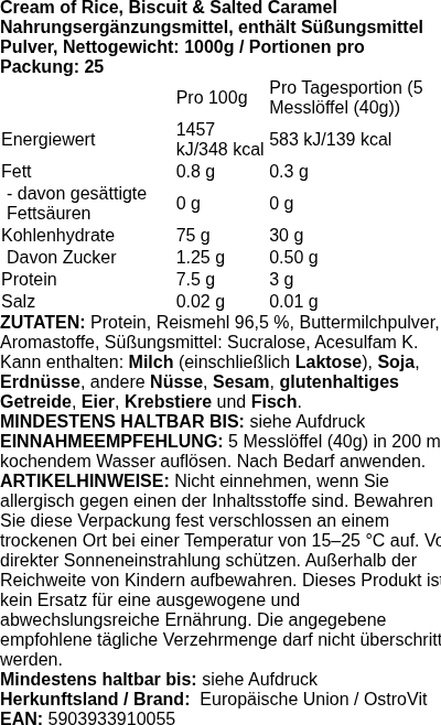 Produktetikett — Cream of Rice, Biscuit & Salted Caramel - 1000 grams