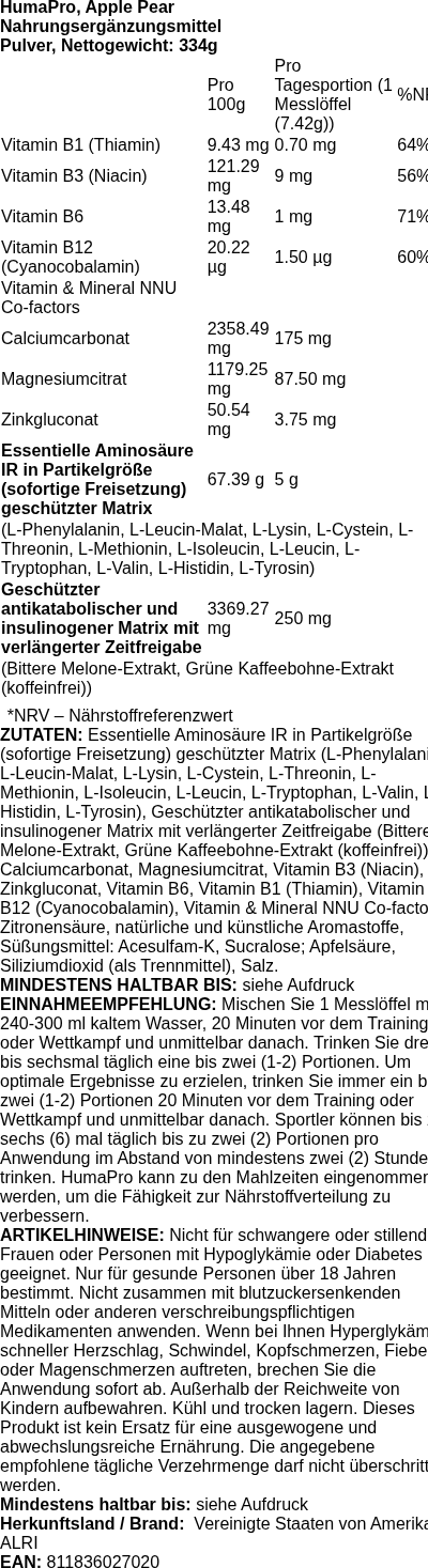 Produktetikett — HumaPro, Apple Pear - 334 grams