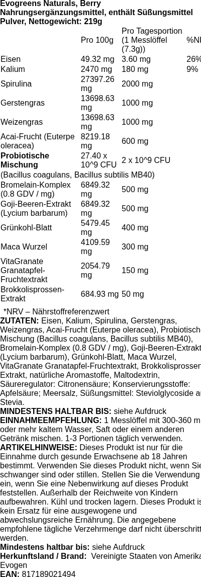 Produktetikett — Evogreens Naturals, Berry - 219 grams