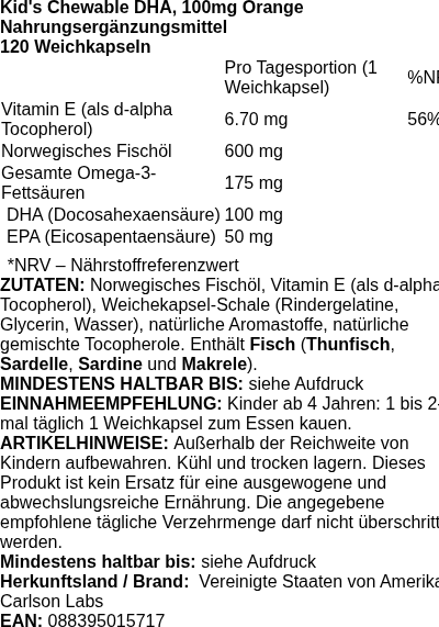 Produktetikett — Kid's Chewable DHA, 100mg Orange - 120 softgels