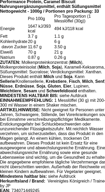 Produktetikett — Performance Protein, Banoffee - 1000 grams