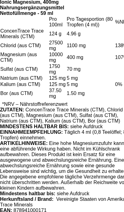 Produktetikett — Ionic Magnesium, 400mg - 59 ml.