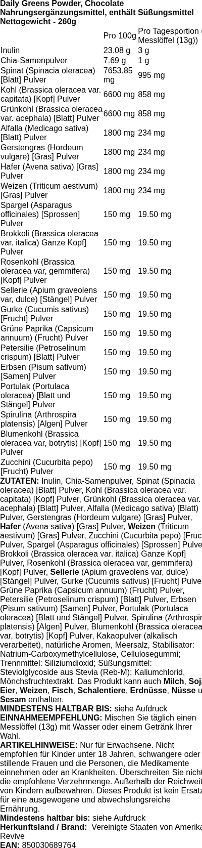 Produktetikett — Daily Greens Powder, Chocolate (EAN 850030689764) - 260 grams