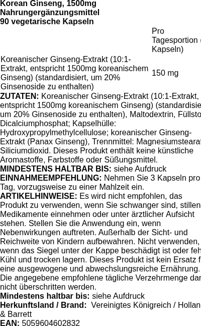 Produktetikett — Korean Ginseng, 1500mg - 90 vcaps
