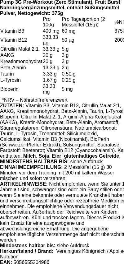 Produktetikett — Pump 3G Pre-Workout (Zero Stimulant), Fruit Burst - 375 grams
