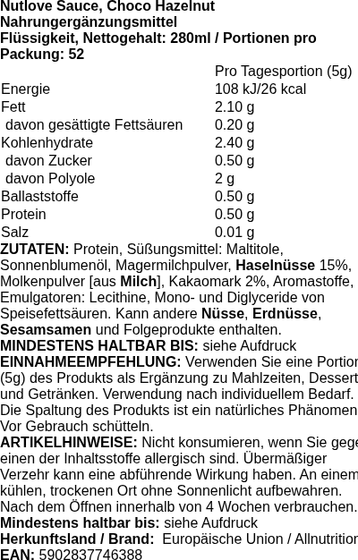 Produktetikett — Nutlove Sauce, Choco Hazelnut - 280 ml.