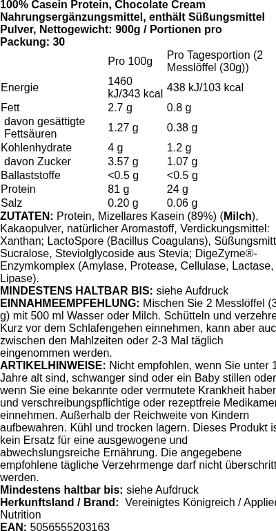 Produktetikett — 100% Casein Protein, Chocolate Cream - 900 grams