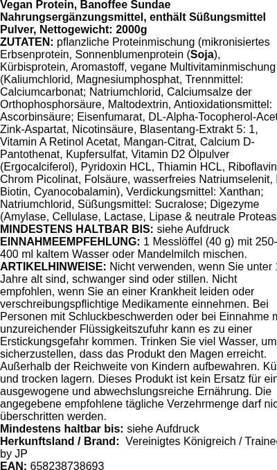 Produktetikett — Vegan Protein, Banoffee Sundae (EAN 658238738693) - 2000 grams