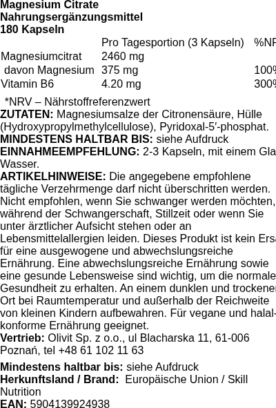 Produktetikett — Magnesium Citrate - 180 caps