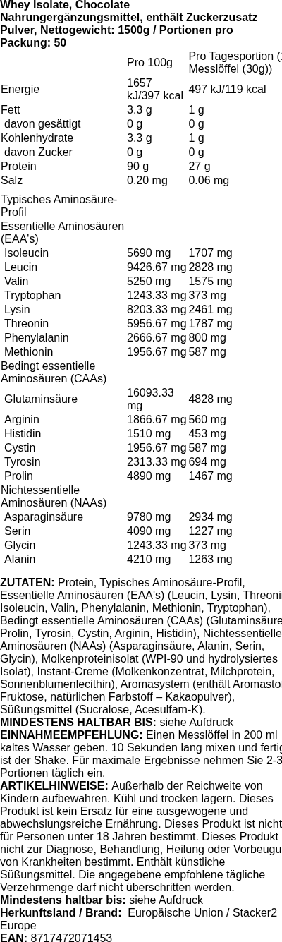 Produktetikett — Whey Isolate, Chocolate - 1500 grams