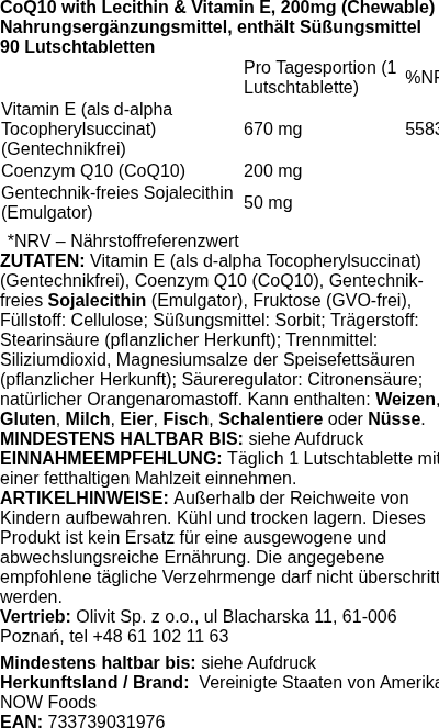Produktetikett — CoQ10 with Lecithin & Vitamin E, 200mg (Chewable) - 90 lozenges