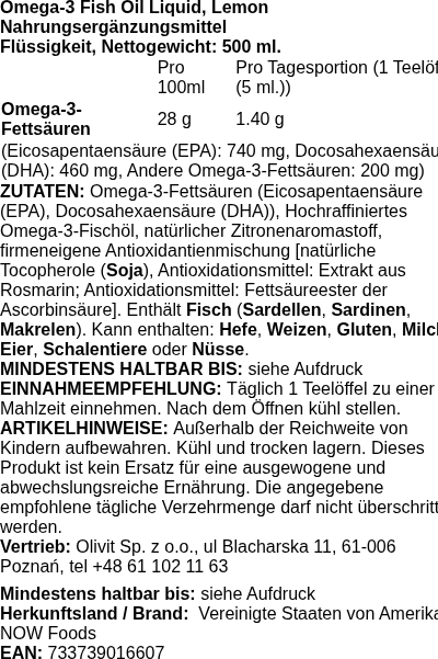 Produktetikett — Omega-3 Fish Oil Liquid, Lemon - 500 ml.
