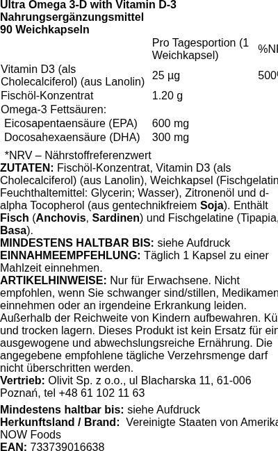 Produktetikett — Ultra Omega 3-D with Vitamin D-3 - 90 softgels