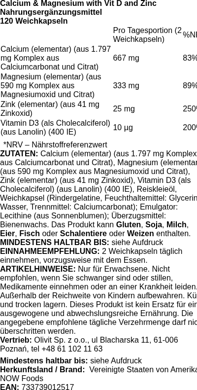 Produktetikett — Calcium & Magnesium with Vit D and Zinc - 120 softgels