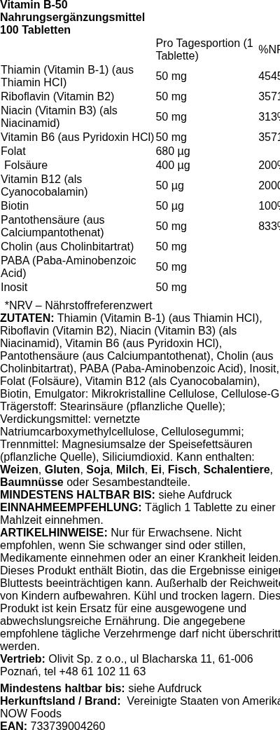 Produktetikett — Vitamin B-50 - 100 tablets