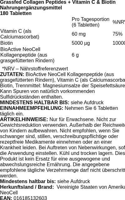 Produktetikett — Grassfed Collagen Peptides + Vitamin C & Biotin - 180 tablets