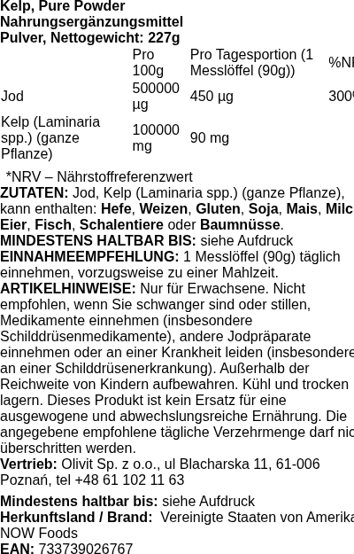 Produktetikett — Kelp, Pure Powder - 227 grams