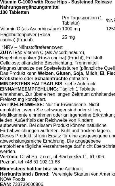 Produktetikett — Vitamin C-1000 with Rose Hips - Sustained Release - 100 tablets