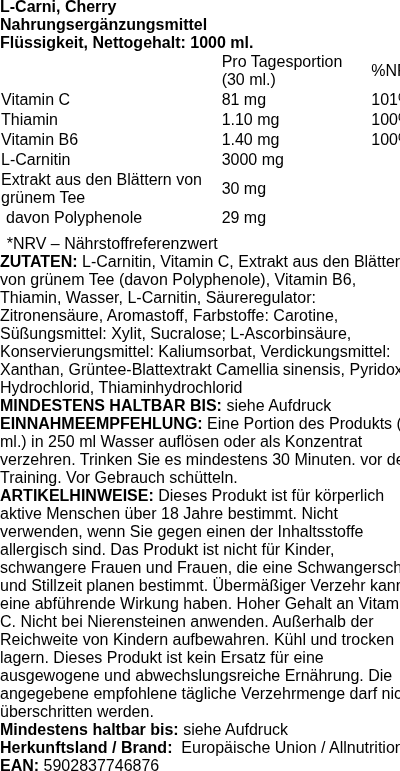Produktetikett — L-Carni, Cherry - 1000 ml.