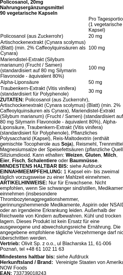 Produktetikett — Policosanol, 20mg - 90 vcaps