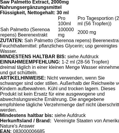 Produktetikett — Saw Palmetto Extract, 2000mg - 30 ml.
