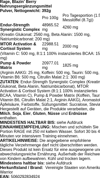 Produktetikett — Rage, Blazin' Berry - 392 grams