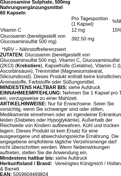 Produktetikett — Glucosamine Sulphate, 1000mg (EAN 5059604615177) - 120 tablets