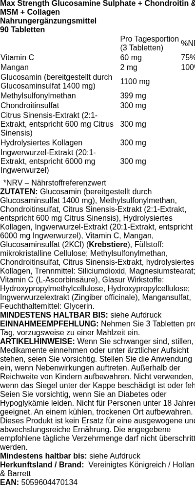 Produktetikett — Max Strength Glucosamine Sulphate + Chondroitin & MSM + Collagen - 90 tablets