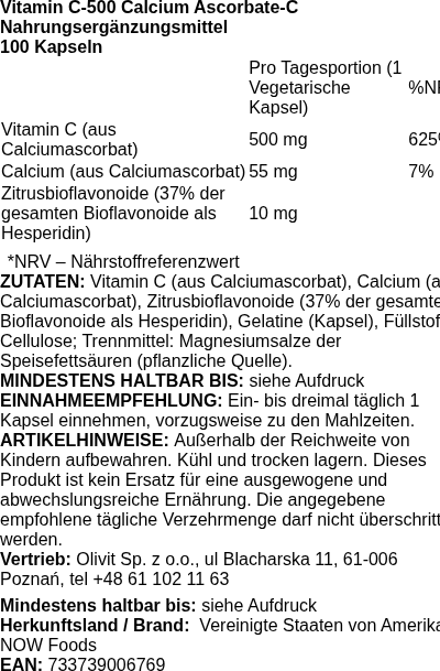 Produktetikett — Vitamin C-500 Calcium Ascorbate-C - 100 caps