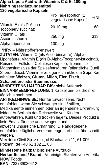 Produktetikett — Alpha Lipoic Acid with Vitamins C & E, 100mg - 120 vcaps