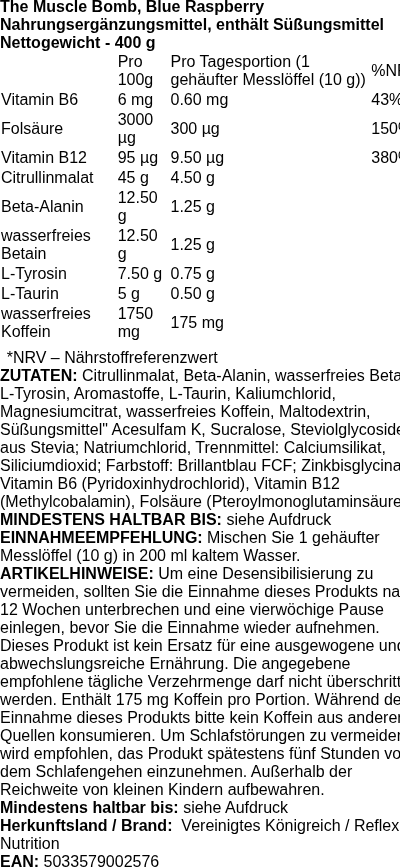 Produktetikett — The Muscle Bomb, Blue Raspberry - 400 grams