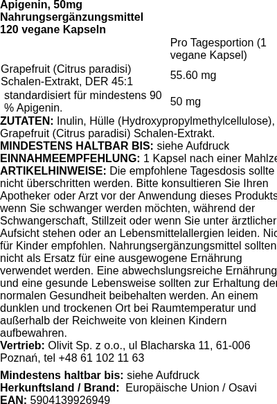 Produktetikett — Apigenin, 50mg - 120 vegan caps
