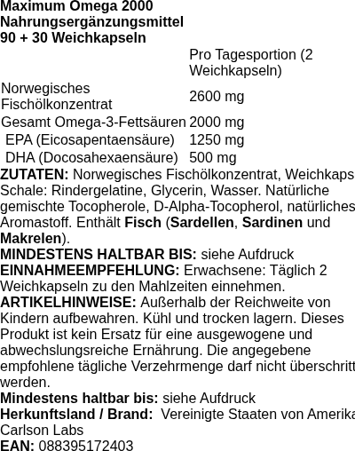 Produktetikett — Maximum Omega 2000 - 90 + 30 softgels