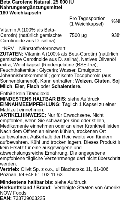 Produktetikett — Beta Carotene Natural, 25 000 IU - 180 softgels