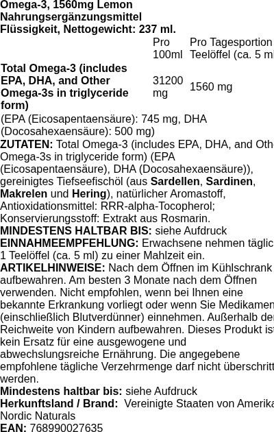 Produktetikett — Omega-3, 1560mg Lemon - 237 ml.