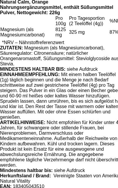 Produktetikett — Natural Calm, Orange - 226 grams