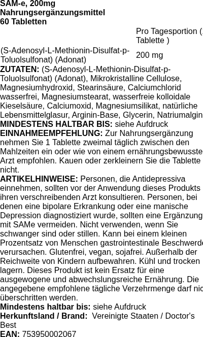 Produktetikett — SAM-e, 200mg - 60 tablets