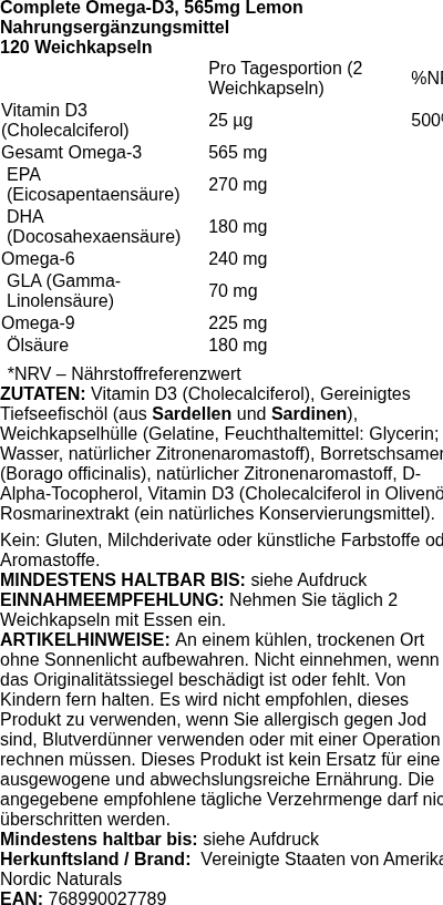 Produktetikett — Complete Omega-D3, 565mg Lemon - 120 softgels