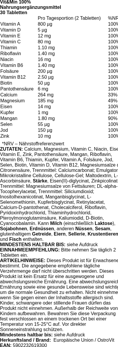 Produktetikett — Vit&Min 100% - 30 tablets