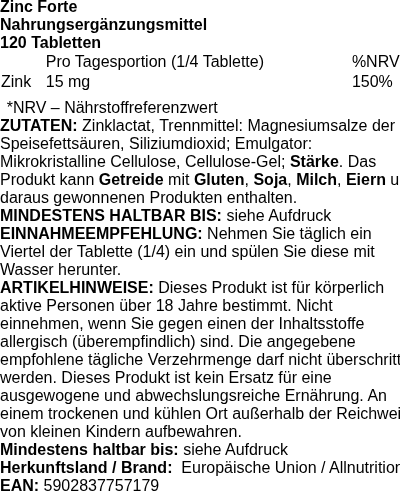 Produktetikett — Zinc Forte - 120 tablets (EAN 5902837757179)