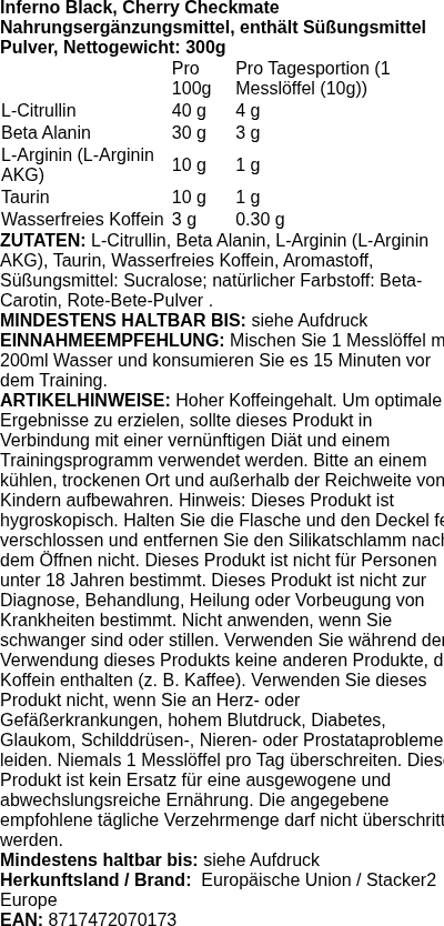 Produktetikett — Inferno Black, Cherry Checkmate - 300 grams