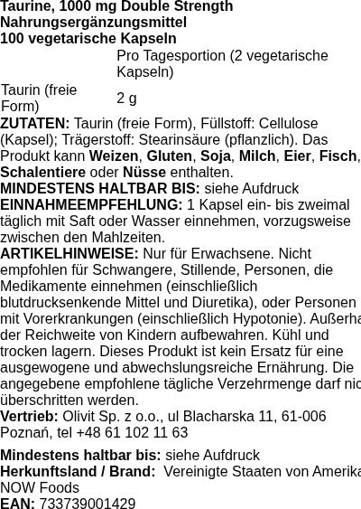 Produktetikett — Taurine, 1000mg Double Strength - 100 vcaps