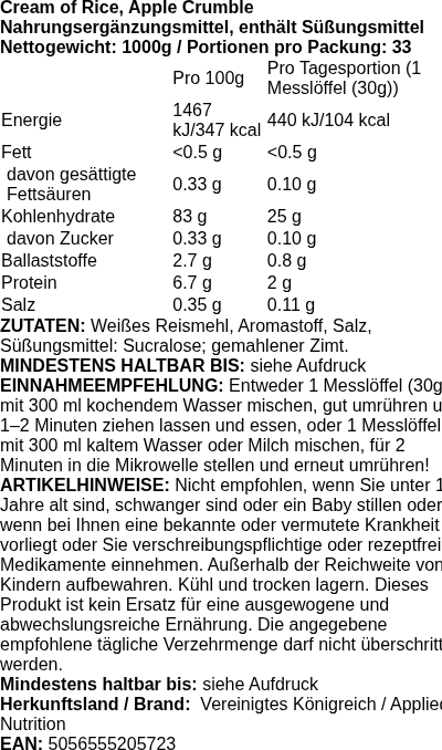 Produktetikett — Cream of Rice, Apple Crumble - 1000 grams